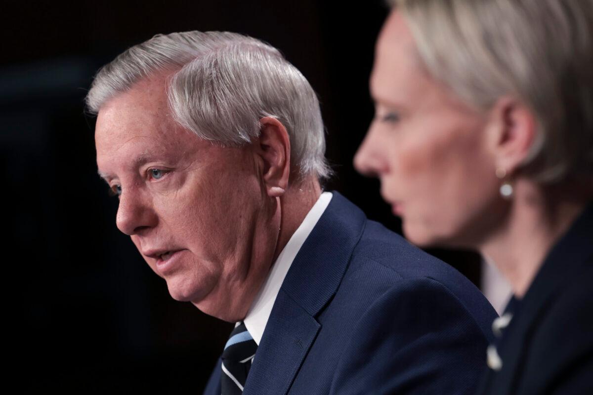 U.S. Sen. Lindsey Graham (R-S.C.) speaks to reporters in Washington on March 2, 2022. (Kevin Dietsch/Getty Images)