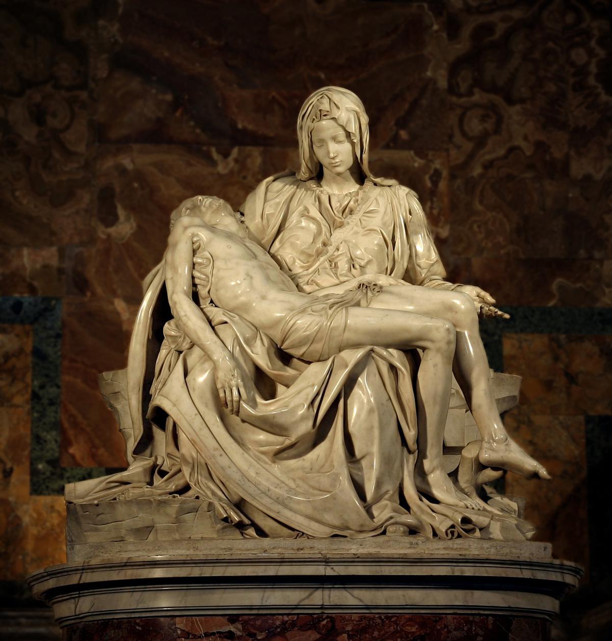 In 1497, Michelangelo made his first trip to the Carrara marble quarries in the mountains of Tuscany, Italy, and he carefully selected the block of marble that would become the Pietà: one of his most admired statues. "Pietà," 1497, by Michelangelo. Carrara Marble. Saint Peters Basilica, Rome. (Public Domain)