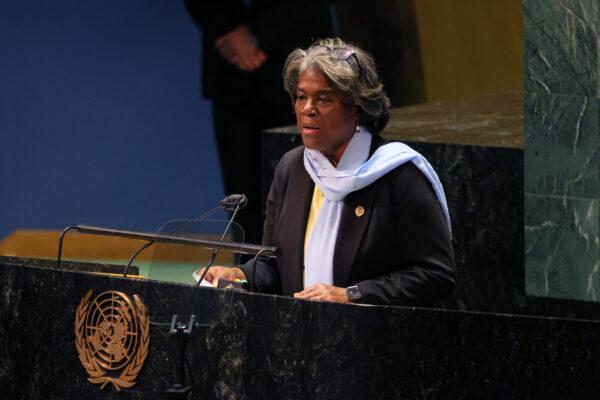 Linda Thomas-Greenfield, U.S. Ambassador to the U.N., speaks during a special session of the General Assembly at the U.N. headquarters in N.Y.C., on March 02, 2022. (Michael M. Santiago/Getty Images)