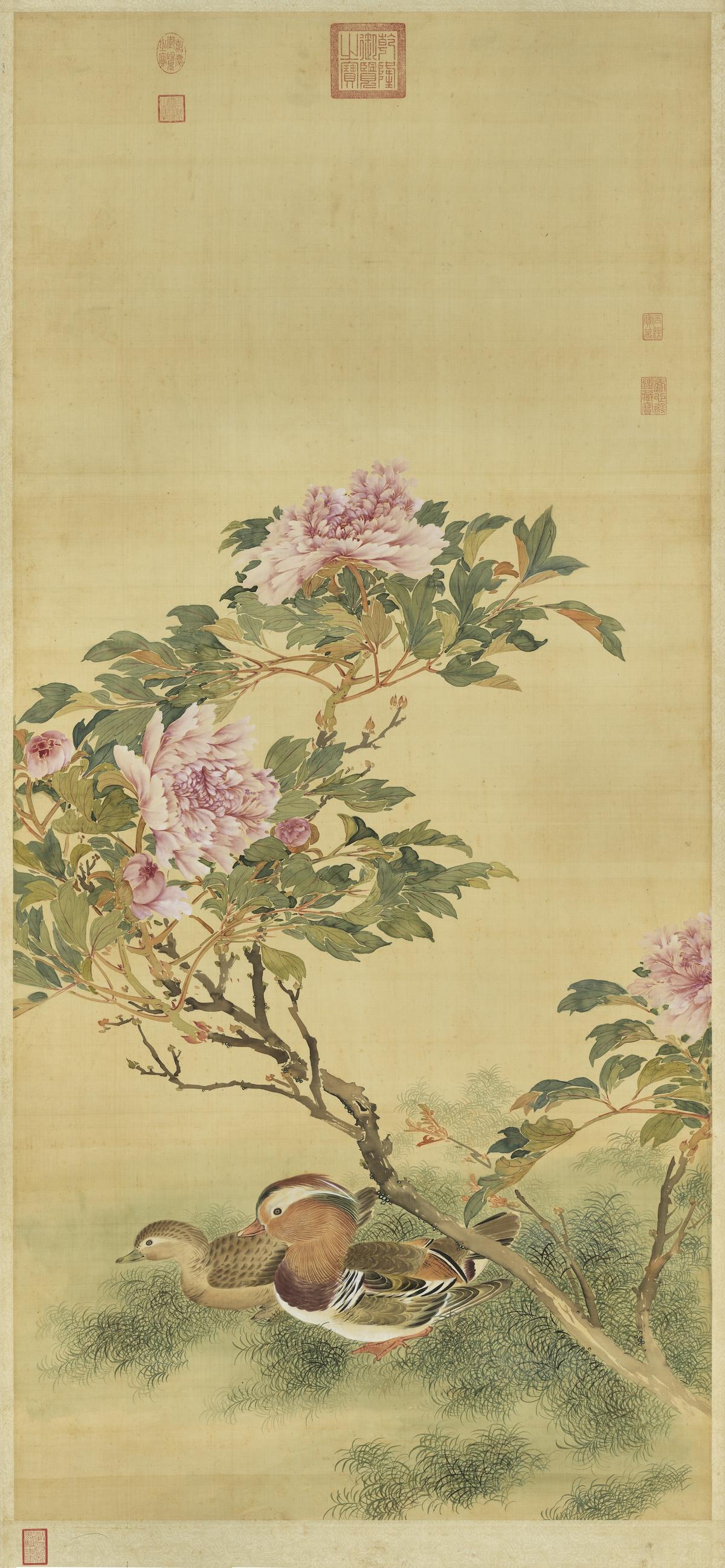 Yuanyang Under the Blooming Peonies, painting by Anonymous, Ming Dynasty. (Courtesy of the National Palace Museum)