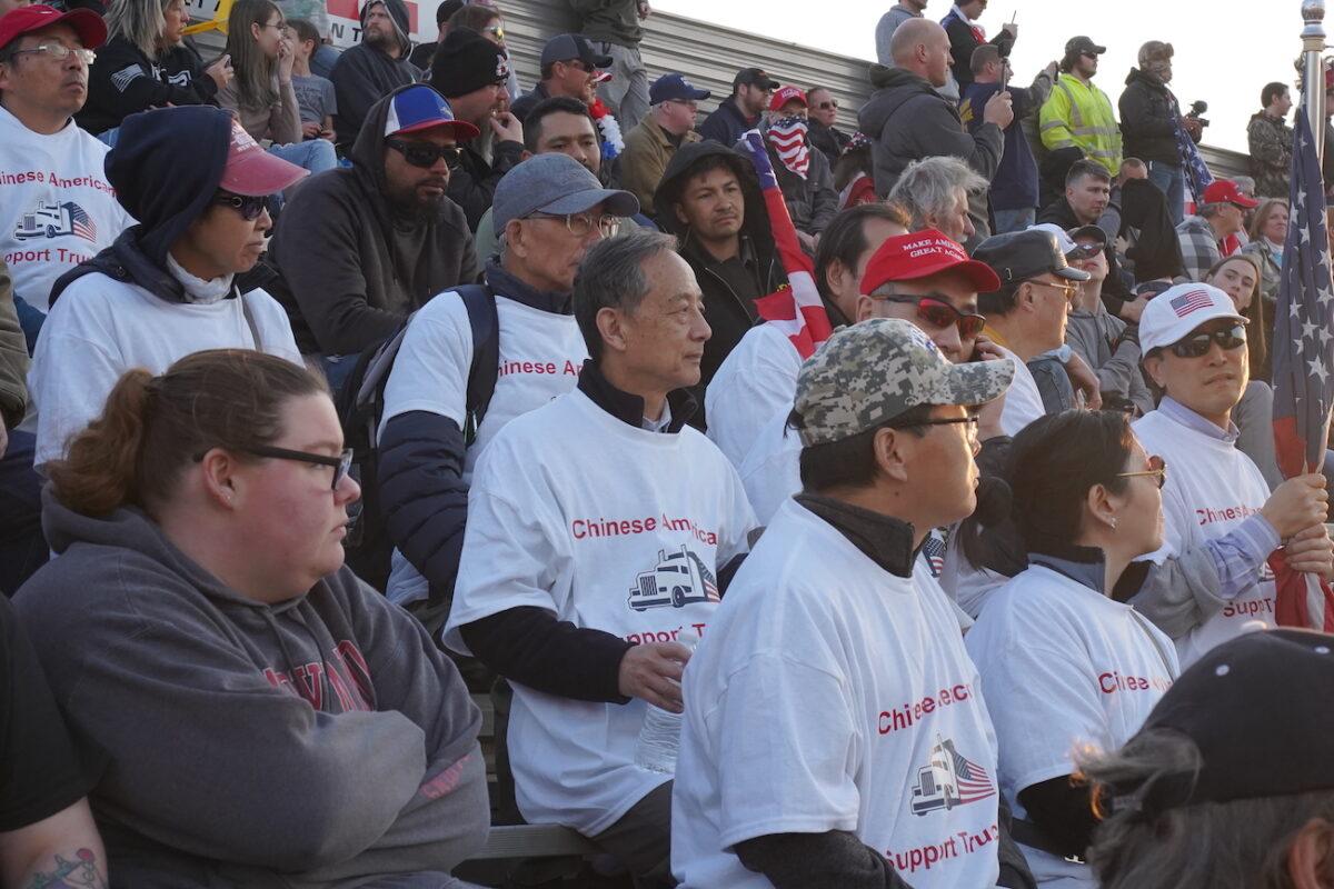 Group of Chinese-Americans attend a rally held by The People's Convoy in Hagerstown, Md., on March 5, 2022. (Enrico Trigoso/The Epoch Times)