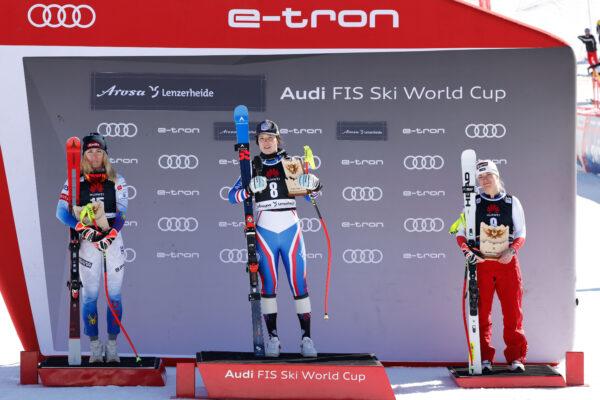 Mikaela Shiffrin of Team United States takes 2nd place, Romane Miradoli of Team France takes 1st place, Lara Gut-behrami of Team Switzerland takes 3rd place during the Audi FIS Alpine Ski World Cup Women's Super G, in Lenzerheide, Switzerland, on March 5, 2022. (Alexis Boichard/Getty Images)