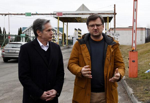 U.S. Secretary of State Antony Blinken and Ukrainian Foreign Minister Dmytro Kuleba speak to the media after meeting at the Ukrainian–Polish border crossing in Korczowa, Poland, on March 5, 2022. (Olivier Douliery/Pool/AFP via Getty Images)