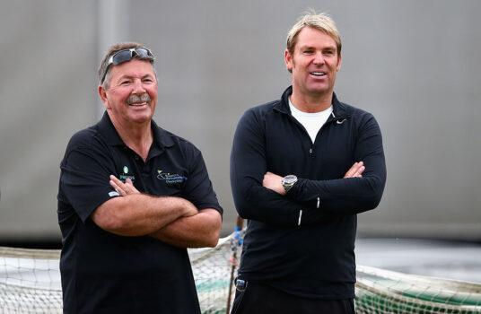 Rod Marsh, Australian Selector, and Former Australian Bowler Shane Warne look on during an Australian Nets Session at Old Trafford in Manchester, England, on July 31, 2013. (Ryan Pierse/Getty Images)