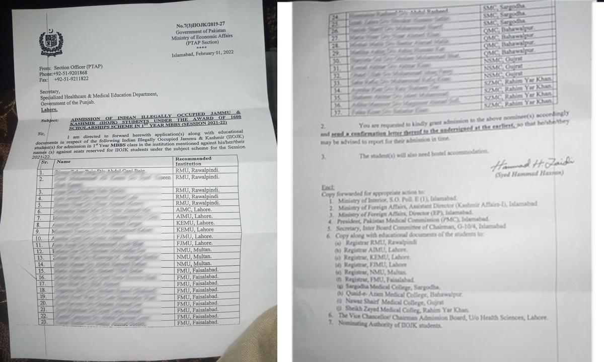 A copy of a letter dated Feb. 1, from the Section Officer of the PTAP section of the Ministry of Economic Affairs of the Pakistani Government with the list of 37 selected Kashmiri candidates for admission in the first year of MBBS. Names are blurred to protect the candidates' identities.