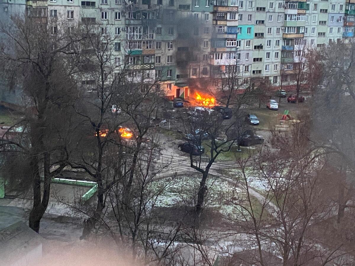 Fire is seen in Mariupol at a residential area after shelling amid Russia's invasion of Ukraine, on March 3, 2022. (Twitter @AyBurlachenko via Reuters)