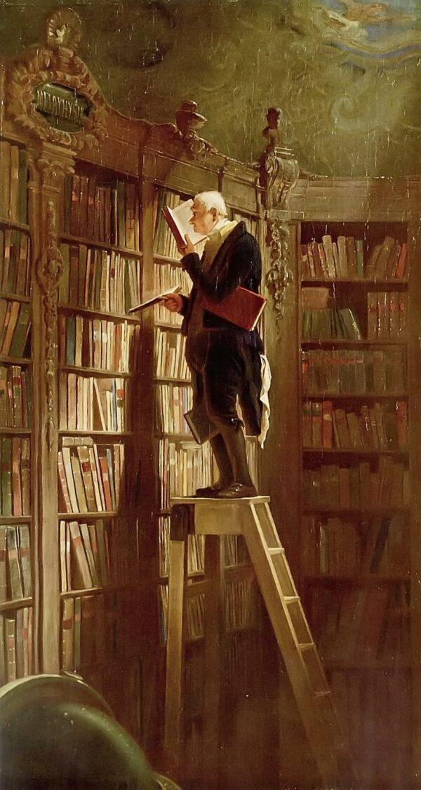 Once you could find adults reading in libraries. “The Bookworm,” circa 1850, by Carl Spitzweg. A reproduction of the original work housed at the Museum Georg Schäfer, in Schweinfurt, Germany. (Public Domain)
