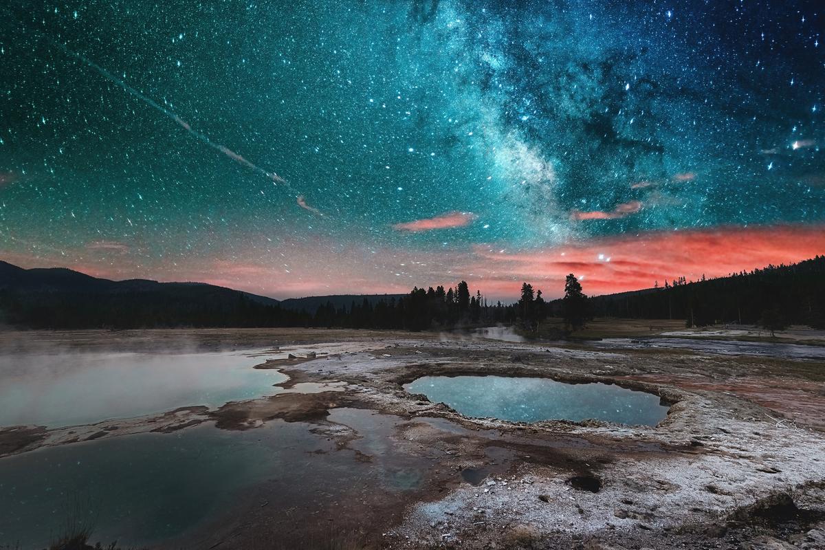 "Stars over Yellowstone" by Mazin Alhassan, Saudi Arabia; “An astrophotography shot at the Norris Geyser Basin, the hottest geyser basin in Yellowstone. It is located near the northwest edge of Yellowstone Caldera near Norris Junction and on the intersection of three major faults.” (© Mazin Alhassan, Saudi Arabia, Winner, National Awards, Landscape, 2022 Sony World Photography Awards)