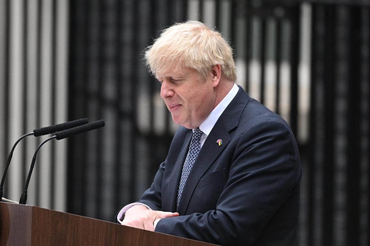 Prime Minister Boris Johnson addresses the nation as he announces his resignation outside 10 Downing Street in London on July 7, 2022. (Leon Neal/Getty Images)