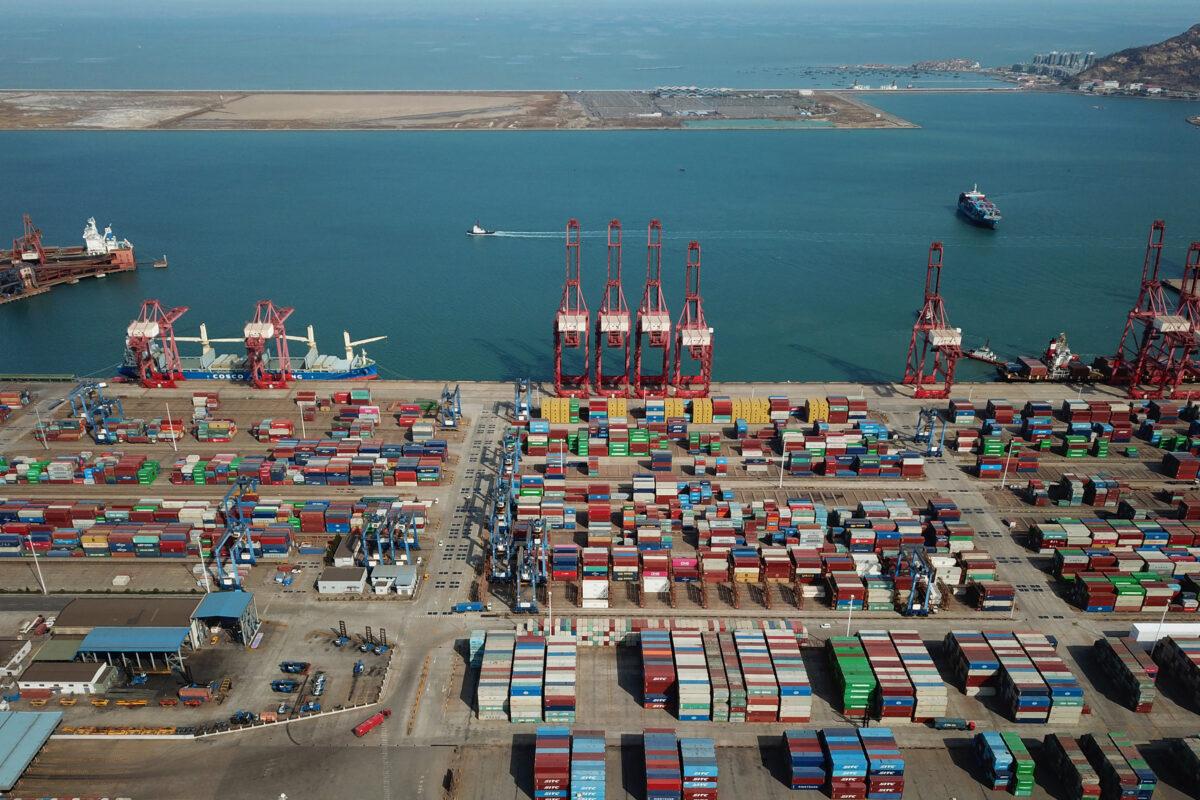 Containers stacked at a port in Lianyungang, in China's eastern Jiangsu Province, on March 7, 2022 (STR/AFP via Getty Images)