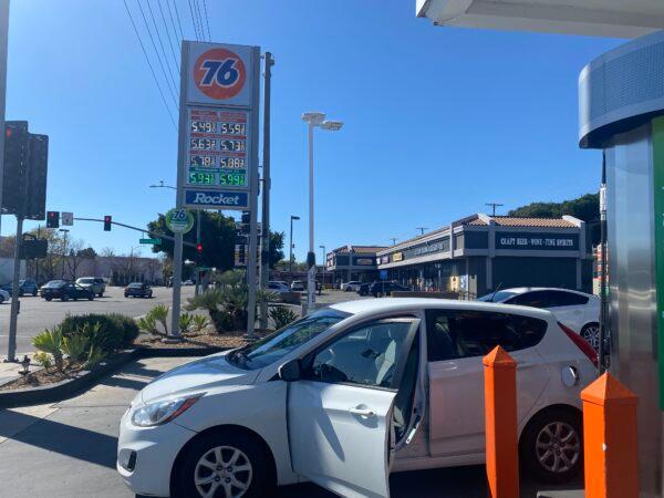 A 76 station in Burbank, Calif., reflects gas prices are rising to record highs on March 7, 2022. (Jill McLaughlin/The Epoch Times)
