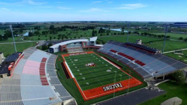 An aerial view of Bowling Green State University's Doyt L. Perry Stadium, home of the Falcons. The view shows a small portion of Wood County in northwest Ohio, a bellwether county made up of a diverse group of voters. (Getty Images)