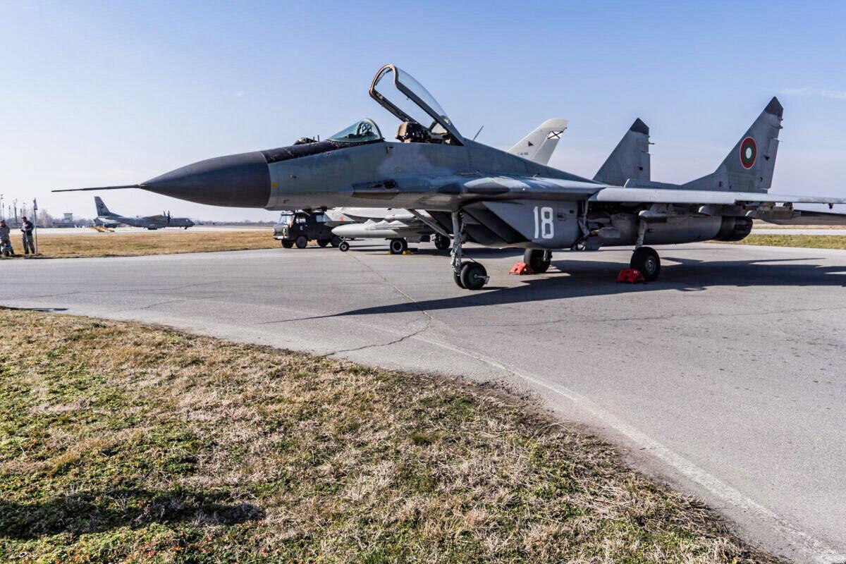 A MiG-29 jet fighter operated by the Bulgarian Air Force in Graf Ignatievo, Bulgaria, on Feb. 17, 2022. (Hristo Rusev/Getty Images)