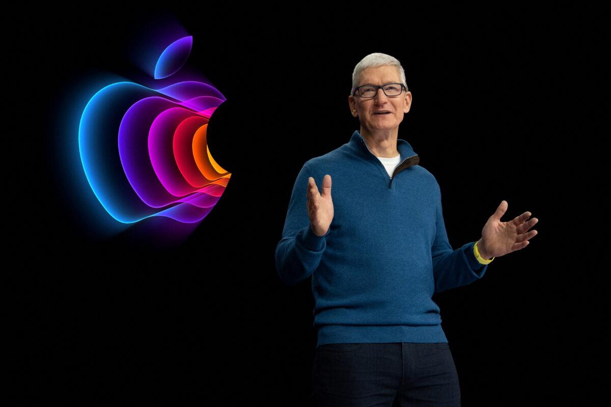 Apple CEO Tim Cook announces a new lineup of products during a special event at Apple Park in Cupertino, Calif., on March 8, 2022. (Brooks Kraft/Apple Inc./Handout via Reuters)