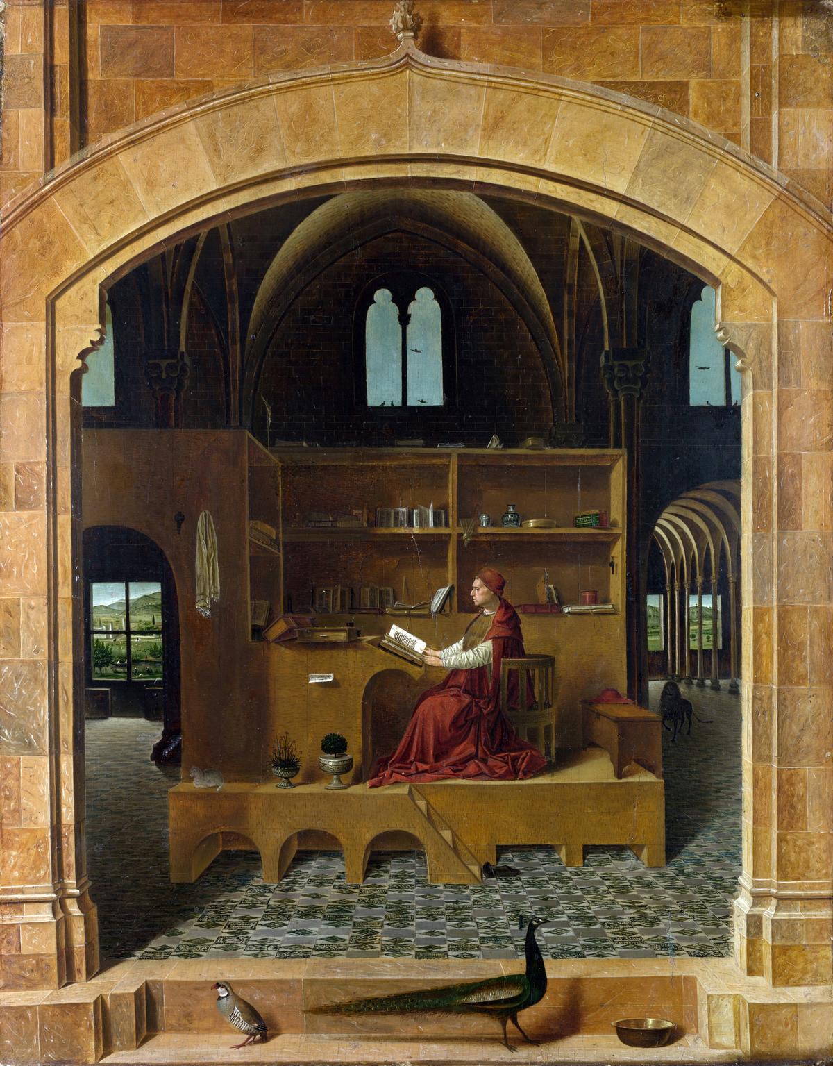 "Saint Jerome in his Study" by Antonello da Messina, 1474. Oil on lime. National Gallery, London (public domain).