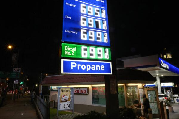 High gas prices are displayed at a downtown Chevron station in Los Angeles, Calif., on March 7, 2022. (Mario Tama/Getty Images)