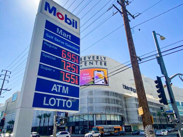 A Mobil station in Los Angeles shows gas prices are rising to record highs on March 7, 2022. (Jill McLaughlin/The Epoch Times)