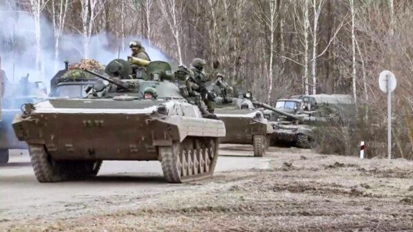 Russian troops enter the Kyiv region, Ukraine, in a still from footage released by the Russian defense ministry on March 3, 2022. (Russian defense ministry via Reuters/Screenshot via The Epoch Times)