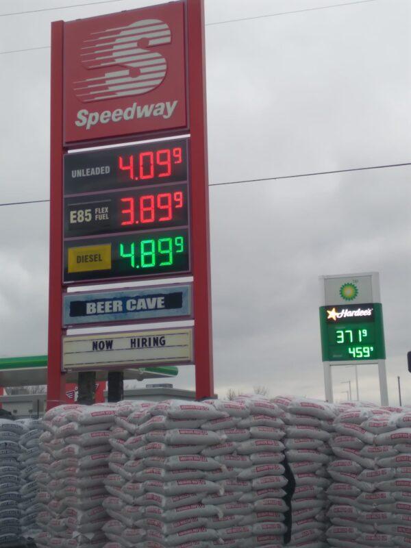 Gas at a Speedway station in Brookville, Ohio near Dayton, was $4.09 a gallon for regular unleaded and $5.09 for premium on March 7, 2022. (Michael Sakal/The Epoch Times)