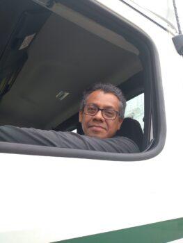 Jose Sanchez, a truck driver for Old Dominion Freight Line, is pictured on March 8 after filling up to go to Chicago. (Michael Sakal/The Epoch Times)