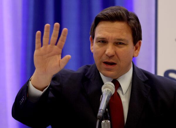 Florida Gov. Ron DeSantis at a press conference at the Miami Dade College’s North Campus in Miami, Florida on January 26, 2022. (Photo by Joe Raedle/Getty Images)
