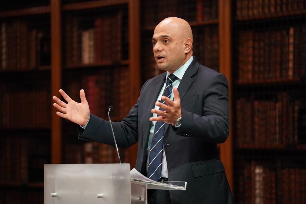 Health and Social Care Secretary Sajid Javid delivers a speech on health care reform in the Dorchester Library at the Royal College Of Physicians, London, on March 8, 2022. (Kirsty O’Connor/PA)