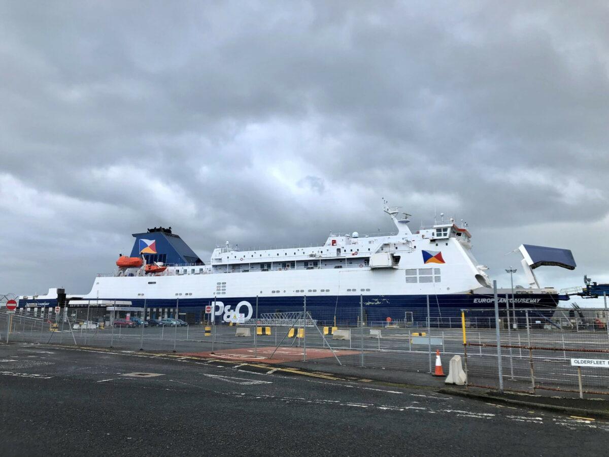 P&O European Causeway ferry docked at Larne Port, Northern Ireland, on March 17, 2022. (David Young/PA Media)