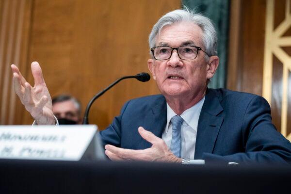 Federal Reserve Chairman Jerome Powell testifies during a Senate Banking Committee hearing at Capitol Hill on March 3, 2022. (Tom Williams/Pool via AP)