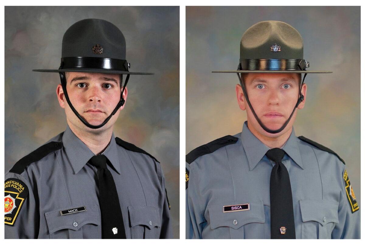 This combination of photos provided by the Pennsylvania State Police shows Trooper Martin F. Mack III, left, and Trooper Branden T. Sisca. Authorities say an early Monday, March 21, 2022 crash on a highway in Philadelphia killed the two state troopers and a civilian. (Pennsylvania State Police via AP)