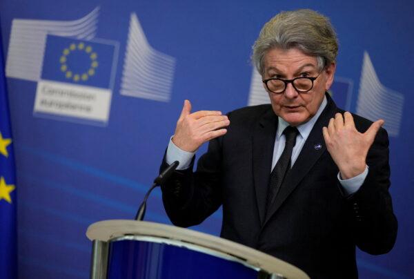 Thierry Breton, European commissioner for internal market, speaks during a signature ceremony regarding the Chips Act at EU headquarters in Brussels on Feb. 8, 2022. (Virginia Mayo/Pool via Reuters)