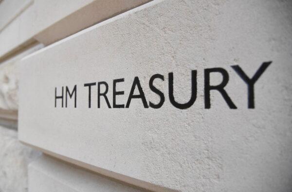 A sign is seen engraved on the Treasury building in London, on March 1, 2021. (Toby Melville/Reuters)