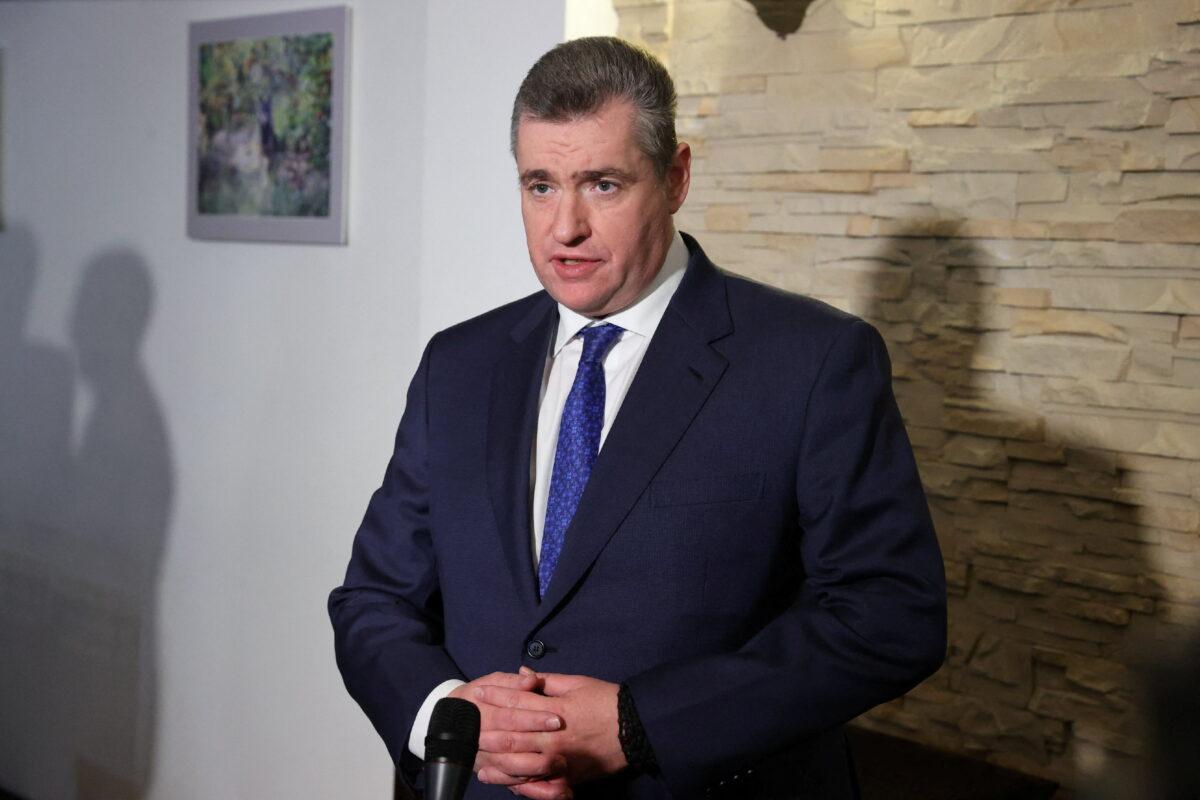 Russian State Duma member Leonid Slutsky speaks to the media after talks with Ukrainian officials in the Brest region, Belarus, on March 7, 2022. (Maxim Guchek/BelTA via Reuters)