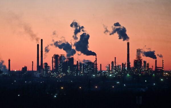 A general view shows a local oil refinery during sunset in Omsk, Russia, on March 16, 2022. (Alexey Malgavko/Reuters)