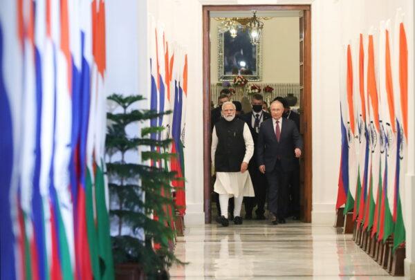 Russia's President Vladimir Putin attends a meeting with India's Prime Minister Narendra Modi in New Delhi, India, on Dec. 6, 2021. (Sputnik/Mikhail Klimentyev/Kremlin via Reuters)