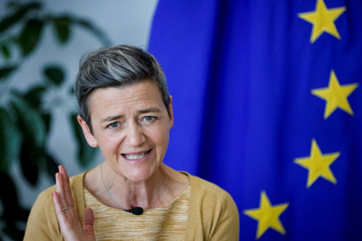 European Commission Vice President Margrethe Vestager speaks during an interview with Reuters in Brussels, on March 28, 2022. (Johanna Geron/Reuters)