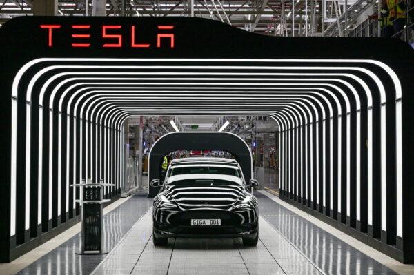 Model Y cars are pictured during the opening ceremony of the new Tesla Gigafactory for electric cars in Gruenheide, Germany, on Mar. 22, 2022. (Patrick Pleul/Reuters)