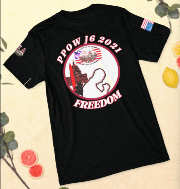 "Political Prisoner of War" T-Shirt from an online store created by Angel Harrelson to raise money to buy her husband's food at the jail commissary. (Courtesy of Angel Harrelson)