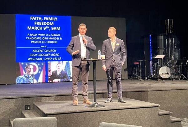 Ohio U.S. Senate candidate Josh Mandel and pastor JC Church appear at a Faith and Freedom rally at Ascent Church in Westlake, Ohio, on Mar. 9. (Courtesy of Josh Mandel Twitter)