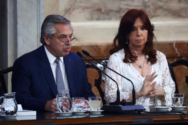  President of Argentina Alberto Fernandez delivers his speech next to Vice President Cristina Fernandez in Buenos Aires, Argentina, on March 1, 2022. (Matias Baglietto/Getty Images)