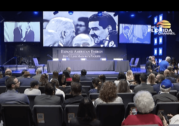 Attendees of a roundtable discussion in Doral, Fla. about the Biden Administration's negotiations with Venezuelan dictator Nicolas Maduro wait for the arrival of Fla. Gov. Ron DeSantis and other panelists. (Courtesy of The Florida Channel)