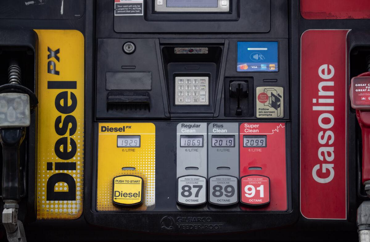 The prices for a litre of diesel and various grades of gasoline are seen on a gas pump at a gas station in Burnaby, B.C., on March 2, 2022. (Darryl Dyck/The Canadian Press)