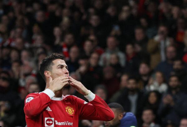 Manchester United's Cristiano Ronaldo celebrates scoring their third goal during the Premier League match between Manchester United and Tottenham Hotspur at Old Trafford in Manchester, Britain, on March 12, 2022. (Phil Noble/Reuters)