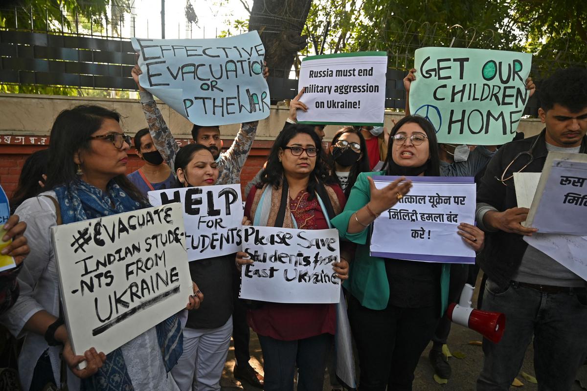 Parents of Indian students studying in Ukraine take part in a protest against Russia's invasion of Ukraine and demand the safe evacuation of Indians, in New Delhi on February 26, 2022. (Prakash Singh/AFP via Getty Images)