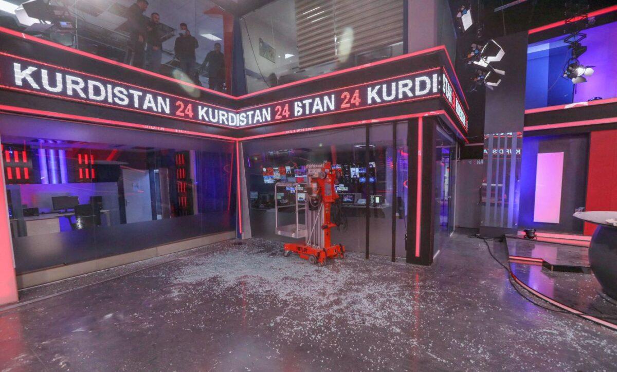 The damaged studio at the Kurdistan 24 TV building, after an overnight attack in Erbil, the capital of the northern Iraqi Kurdish autonomous region, on March 13, 2022. (Safin Hamed/AFP via Getty Images)
