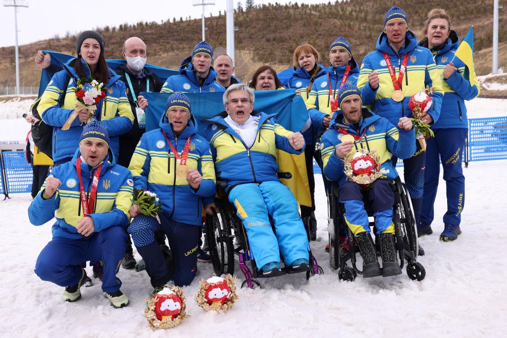 Team Ukraine poses with their gold medals following the Para Cross-Country Open 4x2.5km Relay during day nine of the Beijing 2022 Winter Paralympics at Zhangjiakou National Biathlon Centre  in Zhangjiakou, China, on March 13, 2022. (Lintao Zhang/Getty Images)
