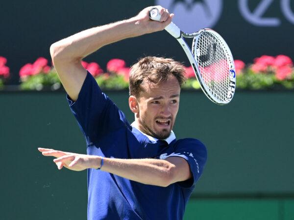 Daniil Medvedev of Russia hits a shot in his 2nd round match against Tomas Machac of Czech Republic at the BNP Paribas open at the Indian Wells Tennis Garden in Indian Wells, Calif., on March 12, 2022. (Jayne Kamin-Oncea/USA TODAY Sports via Reuters)