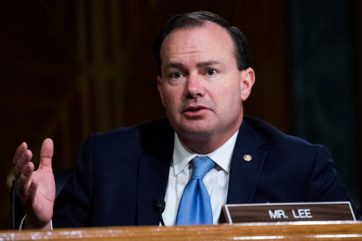 Sen. Mike Lee (R-Utah) asks a question during the Senate Judiciary Committee hearing titled “Police Use of Force and Community Relations,” in Dirksen Senate Office Building in Washington, on June 16, 2020. (Tom Williams/CQ Roll Call/Pool)