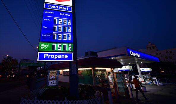 Gas prices of more than $7 per gallon are posted at a downtown Los Angeles gas station on March 9, 2022. (Frederic J. Brown/AFP via Getty Images)