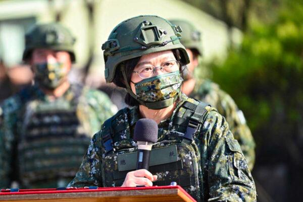 Taiwan President Tsai Ing-wen speaks while inspecting reservists training at a military base in Taoyuan, Taiwan, on March 12, 2022. (Sam Yeh/AFP via Getty Images)