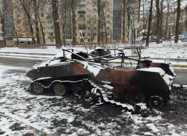 A burned-out Russian armored personnel carrier in Bucha on Feb. 27. (Courtesy of Igor Korsun).